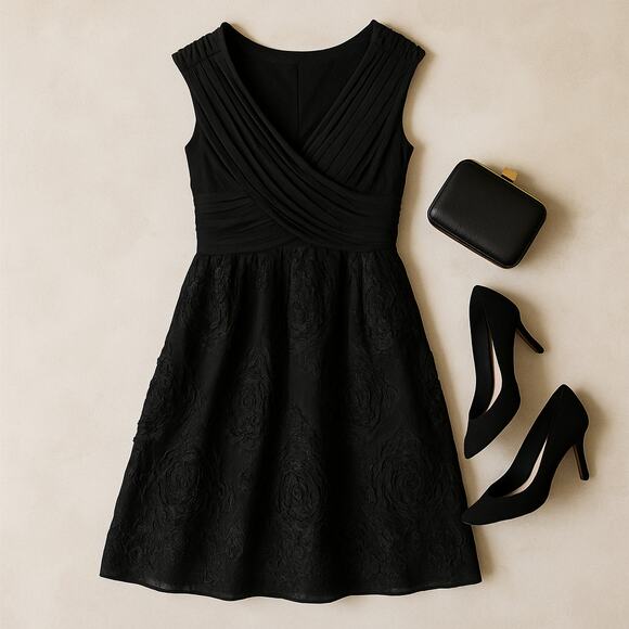 Adrianna Papell Dress Black Taffeta Fit Flare Cocktail Classic Elegant 2P - Picture 2 of 13